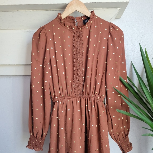NWT SWEET WANDERER  Brown and Gold Polka Bohemian Dress - Picture 8 of 14